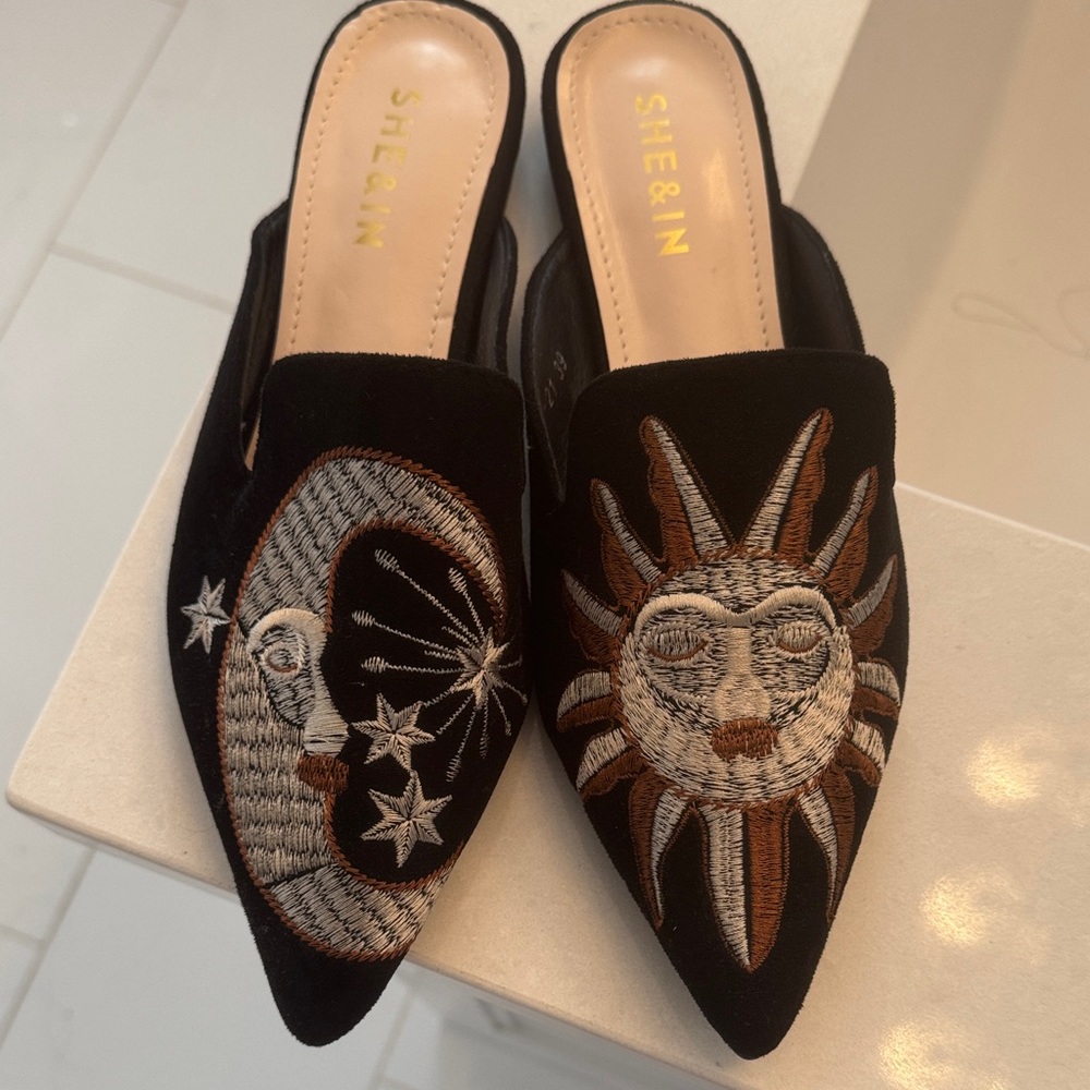 SHEIN Black Embroidered Celestial Mules
